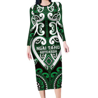 Custom Aotearoa Ngai Tahu Family Matching Long Sleeve Bodycon Dress and Hawaiian Shirt Maori Tribal Pattern LT05 Mom's Dress Green - Polynesian Pride