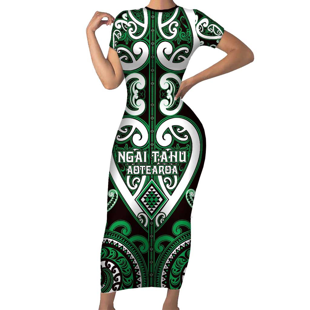 Custom Aotearoa Ngai Tahu Family Matching Short Sleeve Bodycon Dress and Hawaiian Shirt Maori Tribal Pattern LT05 Mom's Dress Green - Polynesian Pride