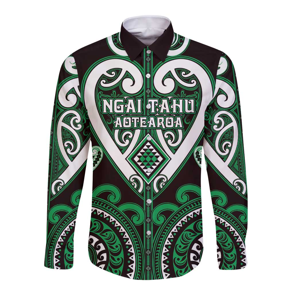 Custom Aotearoa Ngai Tahu Long Sleeve Button Shirt Maori Tribal Pattern LT05 Unisex Green - Polynesian Pride