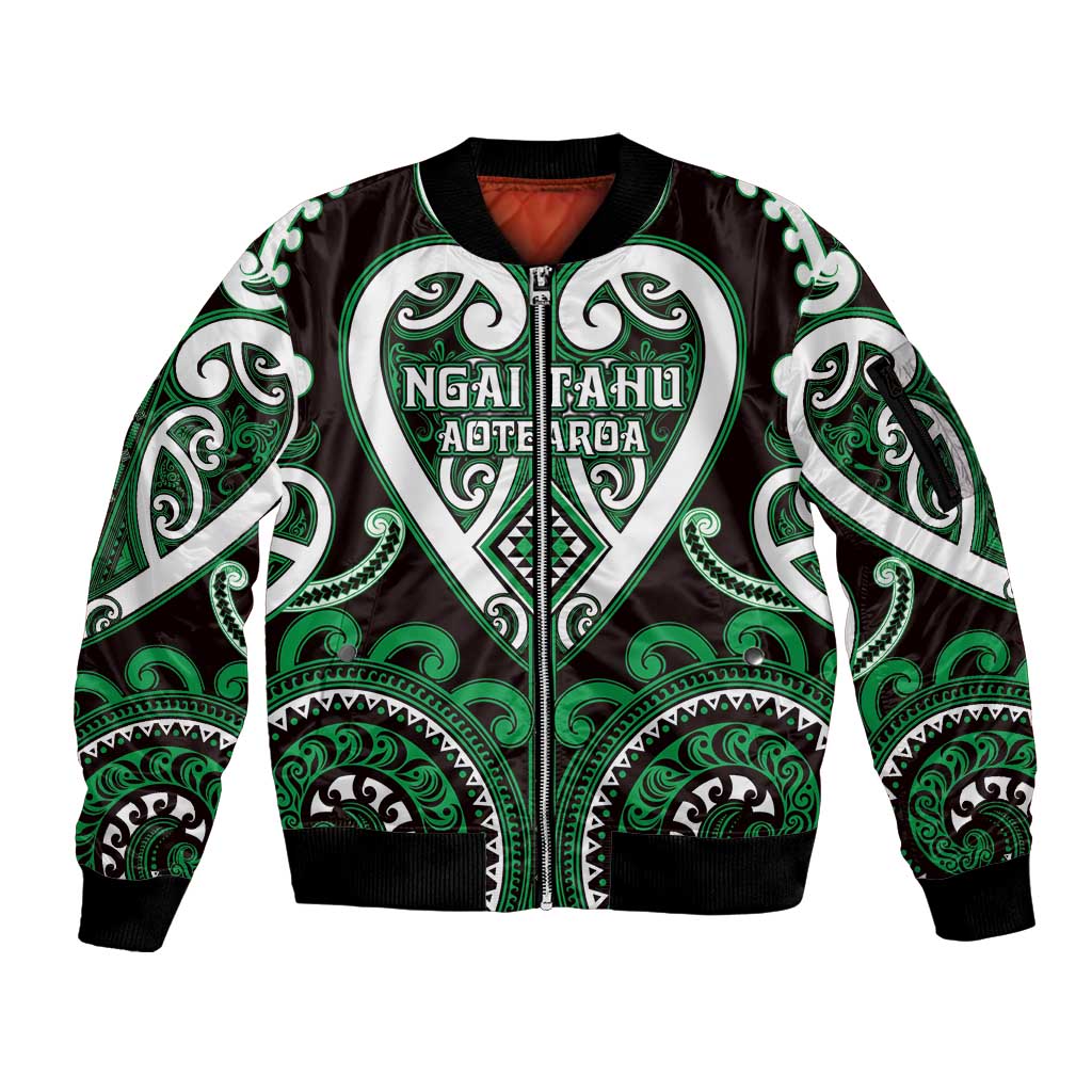 Custom Aotearoa Ngai Tahu Sleeve Zip Bomber Jacket Maori Tribal Pattern LT05 Unisex Green - Polynesian Pride