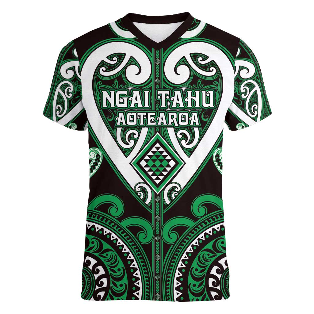 Custom Aotearoa Ngai Tahu Women V-Neck T-Shirt Maori Tribal Pattern LT05 Female Green - Polynesian Pride