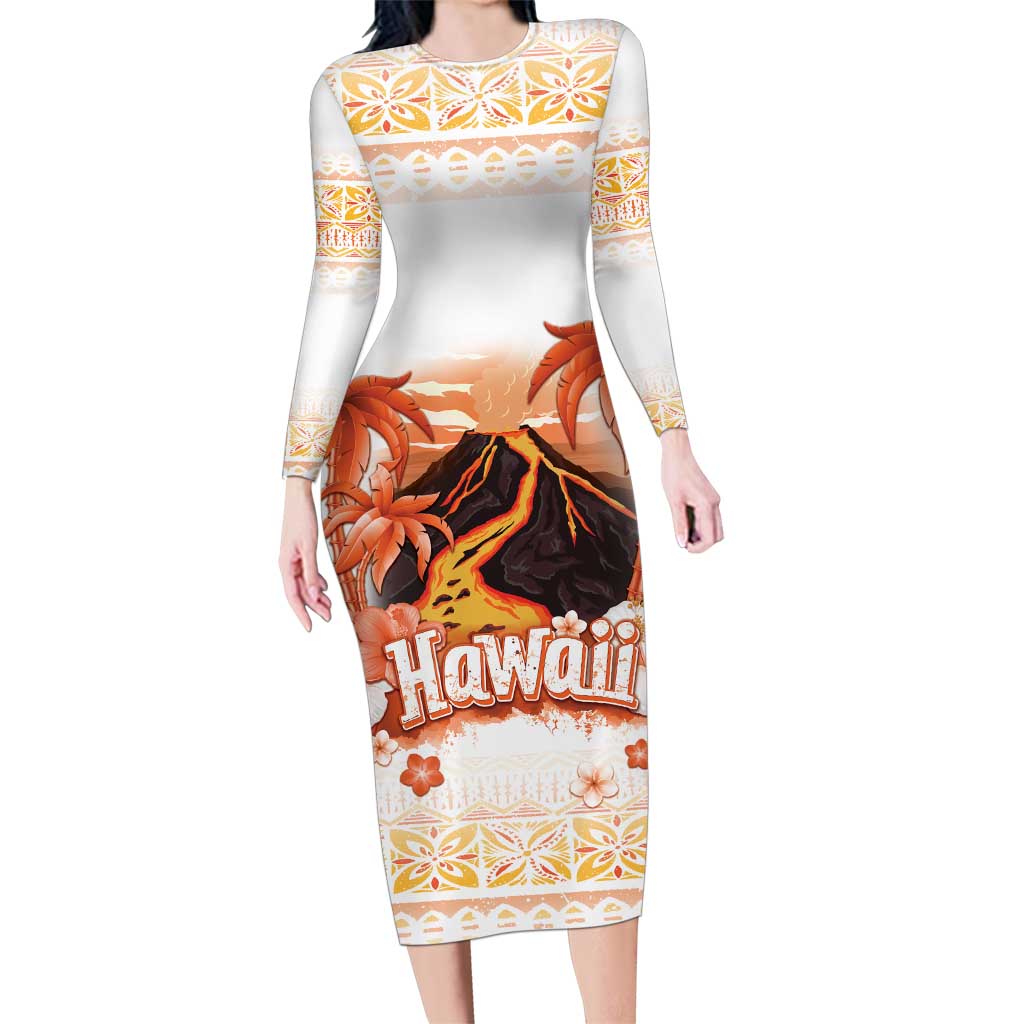 Hawaiian Volcano Lava Flow Family Matching Long Sleeve Bodycon Dress and Hawaiian Shirt With Hawaiian Tapa Pattern LT05 Mom's Dress Orange - Polynesian Pride