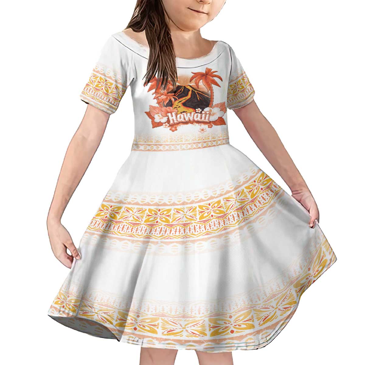 Hawaiian Volcano Lava Flow Family Matching Off The Shoulder Long Sleeve Dress and Hawaiian Shirt With Hawaiian Tapa Pattern LT05 Daughter's Dress Orange - Polynesian Pride