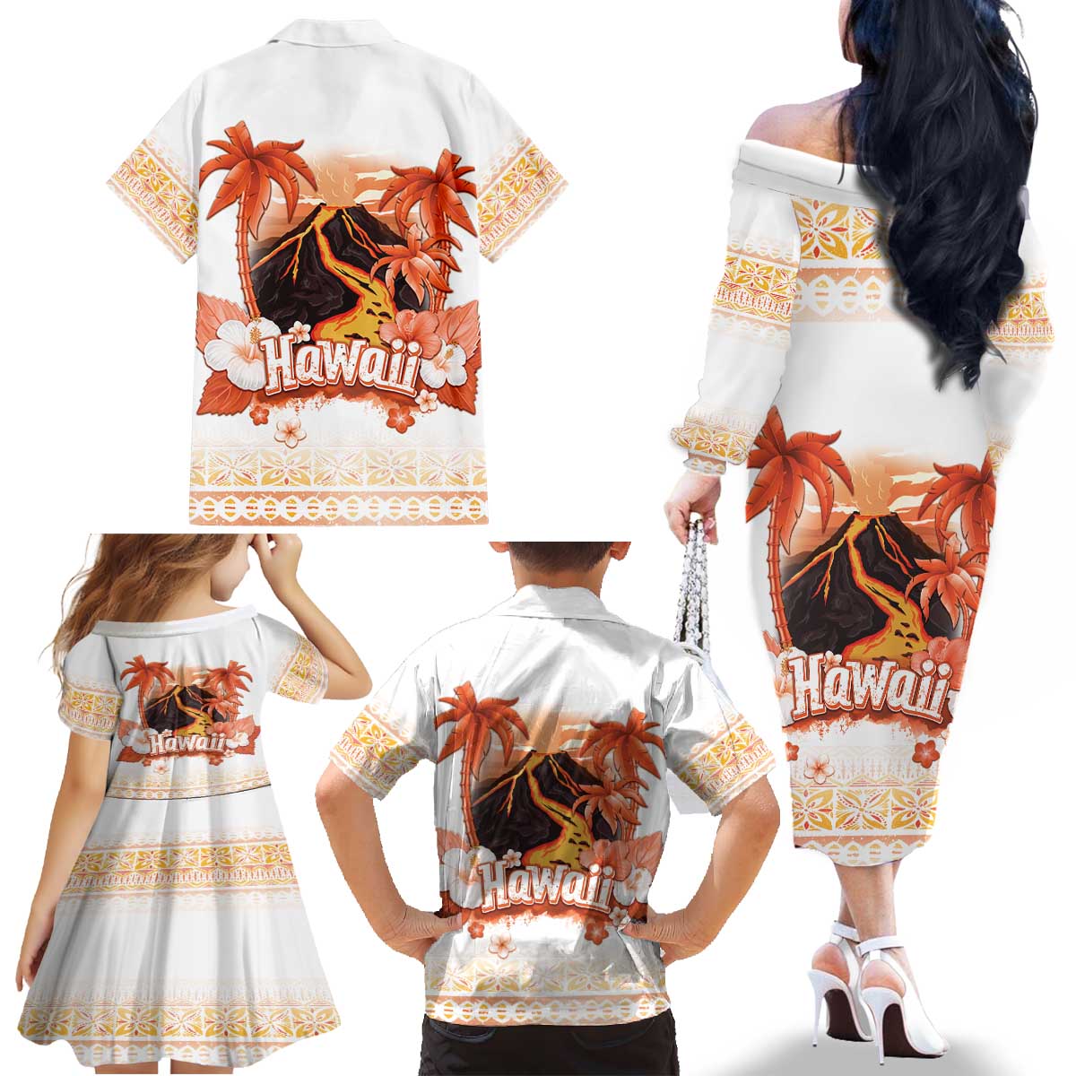 Hawaiian Volcano Lava Flow Family Matching Off The Shoulder Long Sleeve Dress and Hawaiian Shirt With Hawaiian Tapa Pattern LT05 - Polynesian Pride