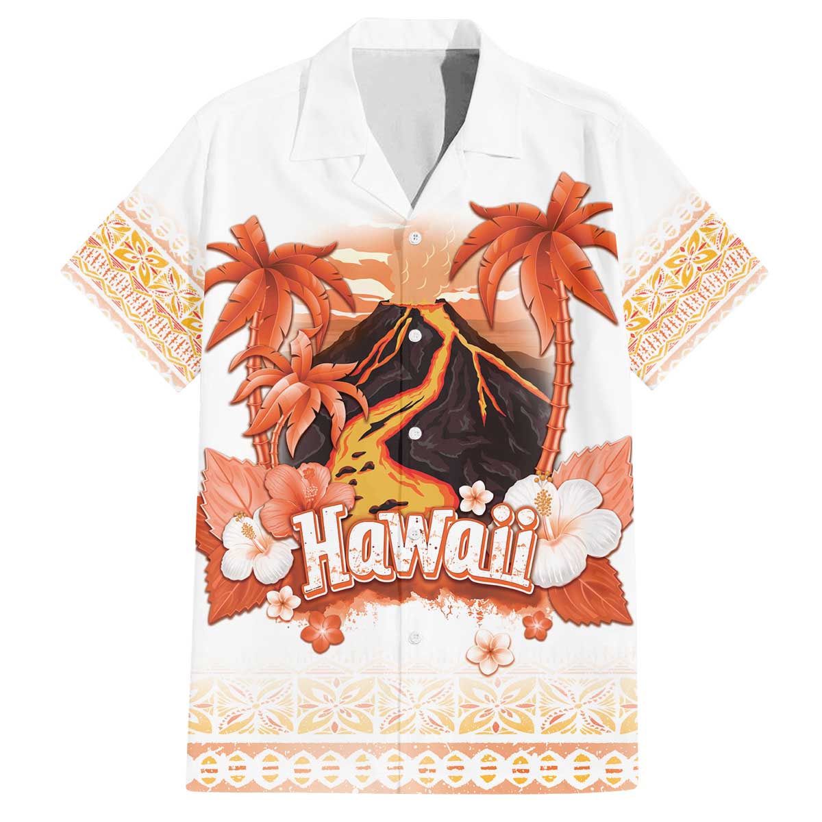 Hawaiian Volcano Lava Flow Family Matching Off The Shoulder Long Sleeve Dress and Hawaiian Shirt With Hawaiian Tapa Pattern LT05 Dad's Shirt - Short Sleeve Orange - Polynesian Pride