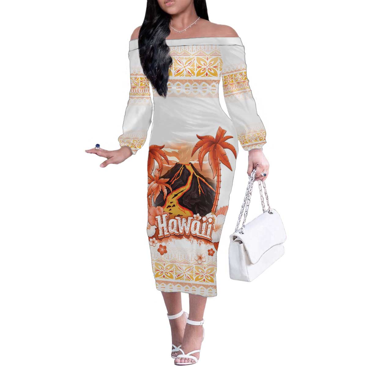 Hawaiian Volcano Lava Flow Family Matching Off The Shoulder Long Sleeve Dress and Hawaiian Shirt With Hawaiian Tapa Pattern LT05 Mom's Dress Orange - Polynesian Pride