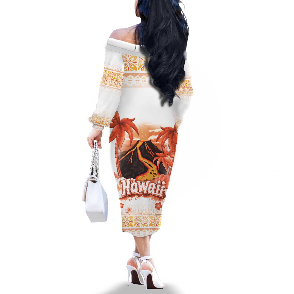 Hawaiian Volcano Lava Flow Family Matching Off The Shoulder Long Sleeve Dress and Hawaiian Shirt With Hawaiian Tapa Pattern LT05 - Polynesian Pride