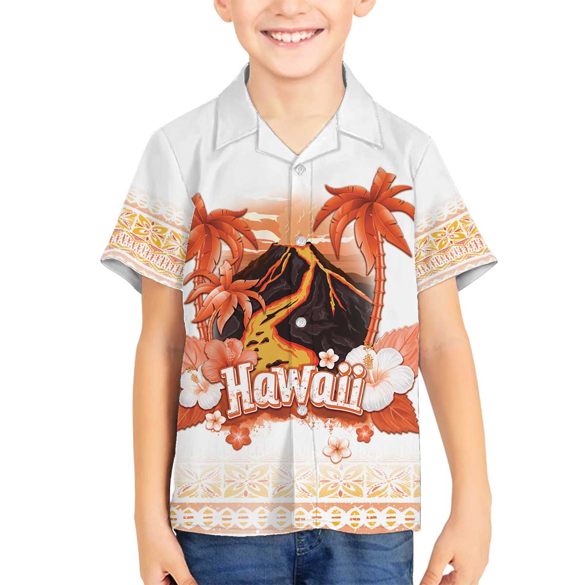 Hawaiian Volcano Lava Flow Family Matching Off The Shoulder Long Sleeve Dress and Hawaiian Shirt With Hawaiian Tapa Pattern LT05 Son's Shirt Orange - Polynesian Pride