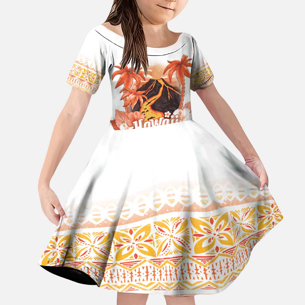 Hawaiian Volcano Lava Flow Kid Short Sleeve Dress With Hawaiian Tapa Pattern LT05 KID Orange - Polynesian Pride