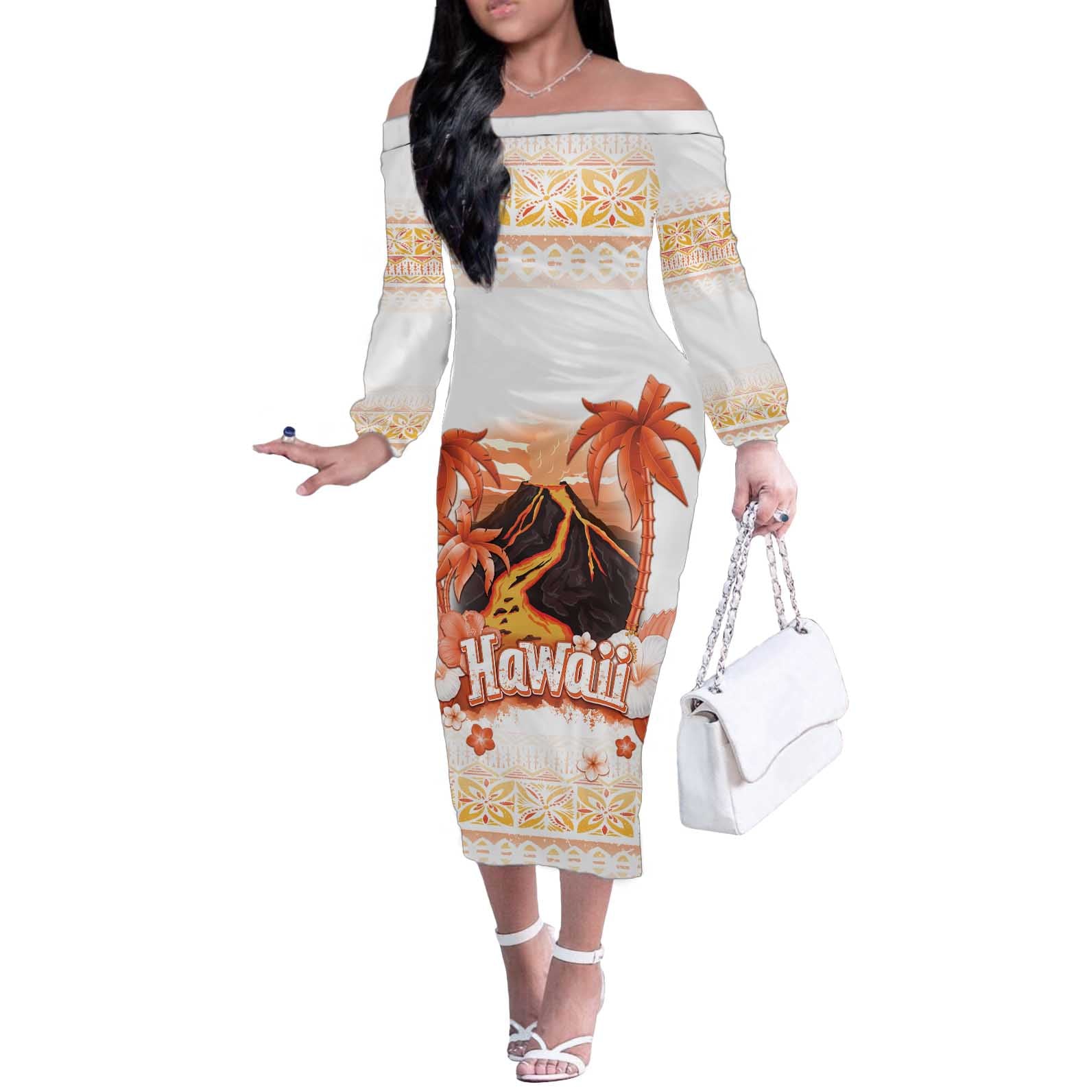 Hawaiian Volcano Lava Flow Off The Shoulder Long Sleeve Dress With Hawaiian Tapa Pattern LT05 Women Orange - Polynesian Pride