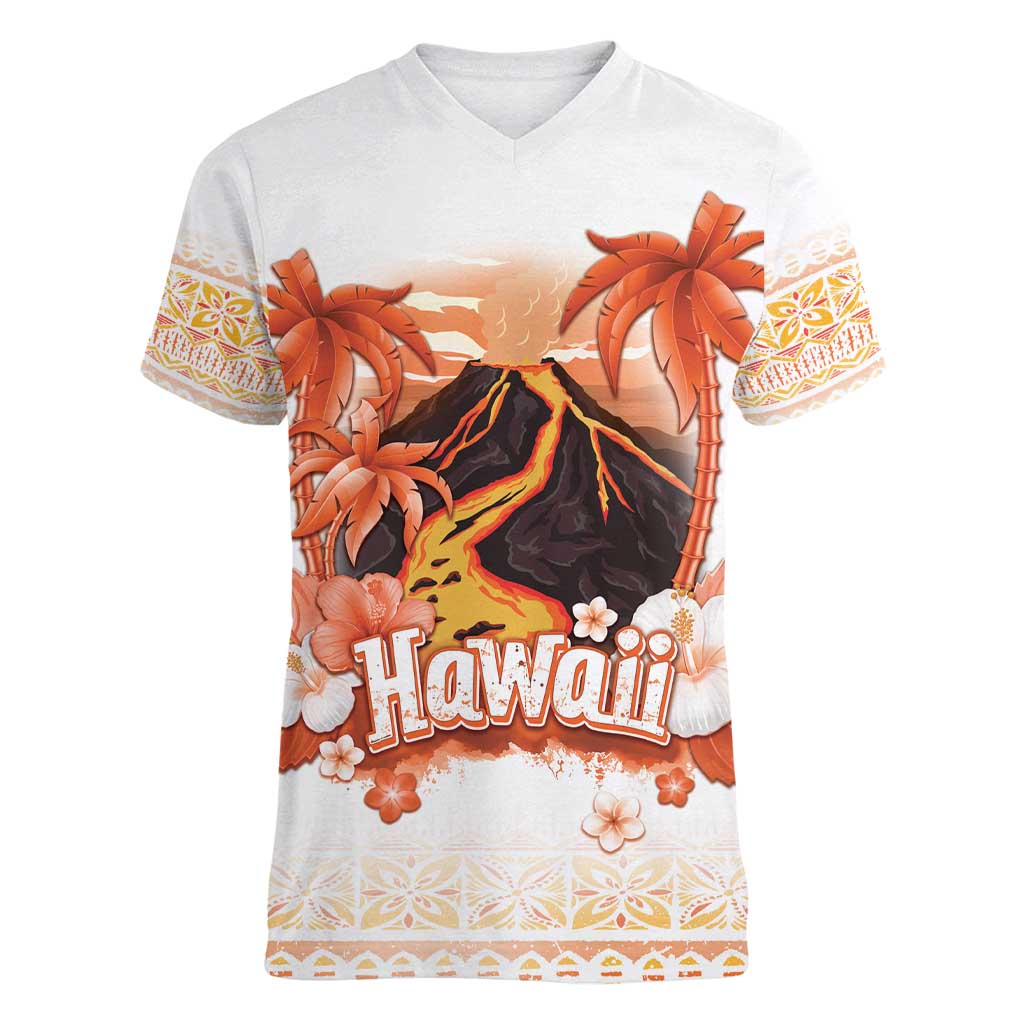 Hawaiian Volcano Lava Flow Women V-Neck T-Shirt With Hawaiian Tapa Pattern