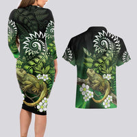 Aotearoa New Zealand Tuatara Couples Matching Long Sleeve Bodycon Dress and Hawaiian Shirt Maori Koru Art LT05 - Polynesian Pride