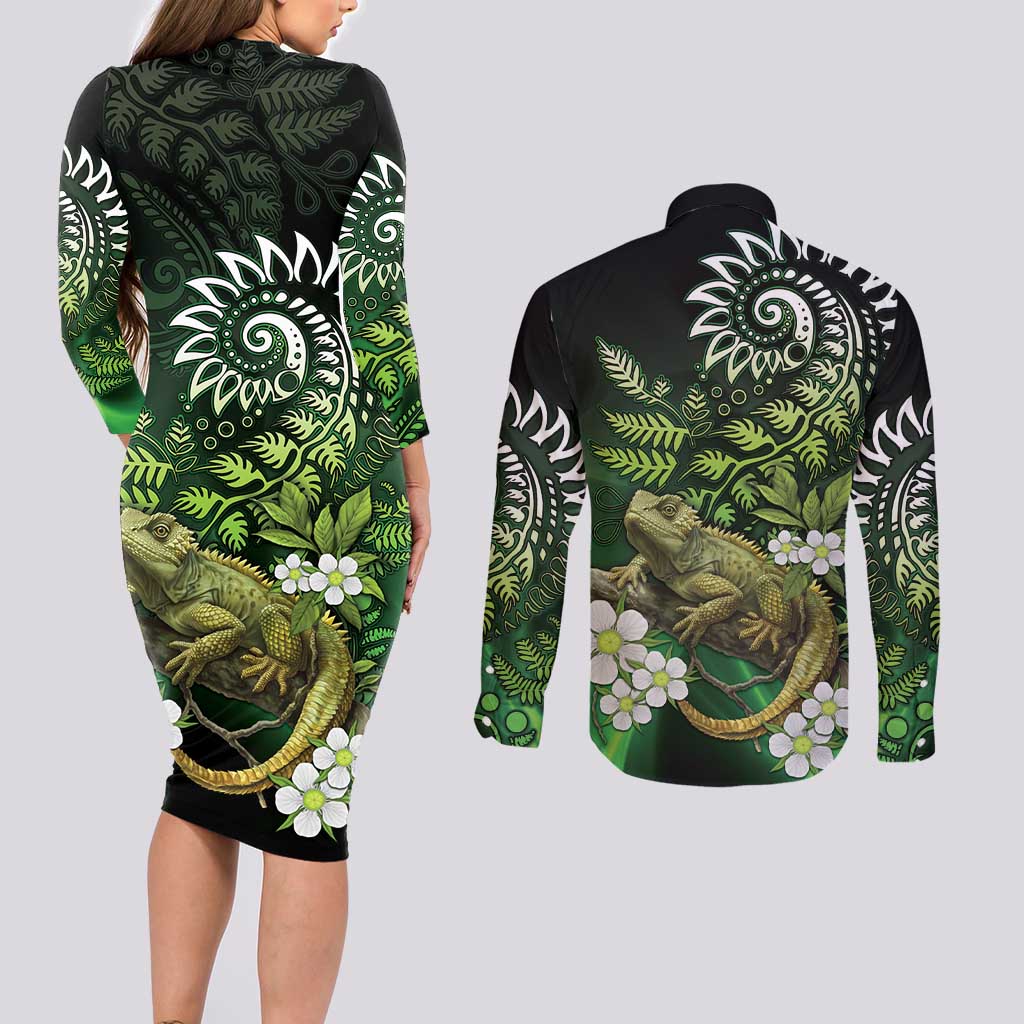 Aotearoa New Zealand Tuatara Couples Matching Long Sleeve Bodycon Dress and Long Sleeve Button Shirt Maori Koru Art LT05 - Polynesian Pride