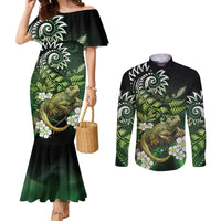 Aotearoa New Zealand Tuatara Couples Matching Mermaid Dress and Long Sleeve Button Shirt Maori Koru Art LT05 Green - Polynesian Pride