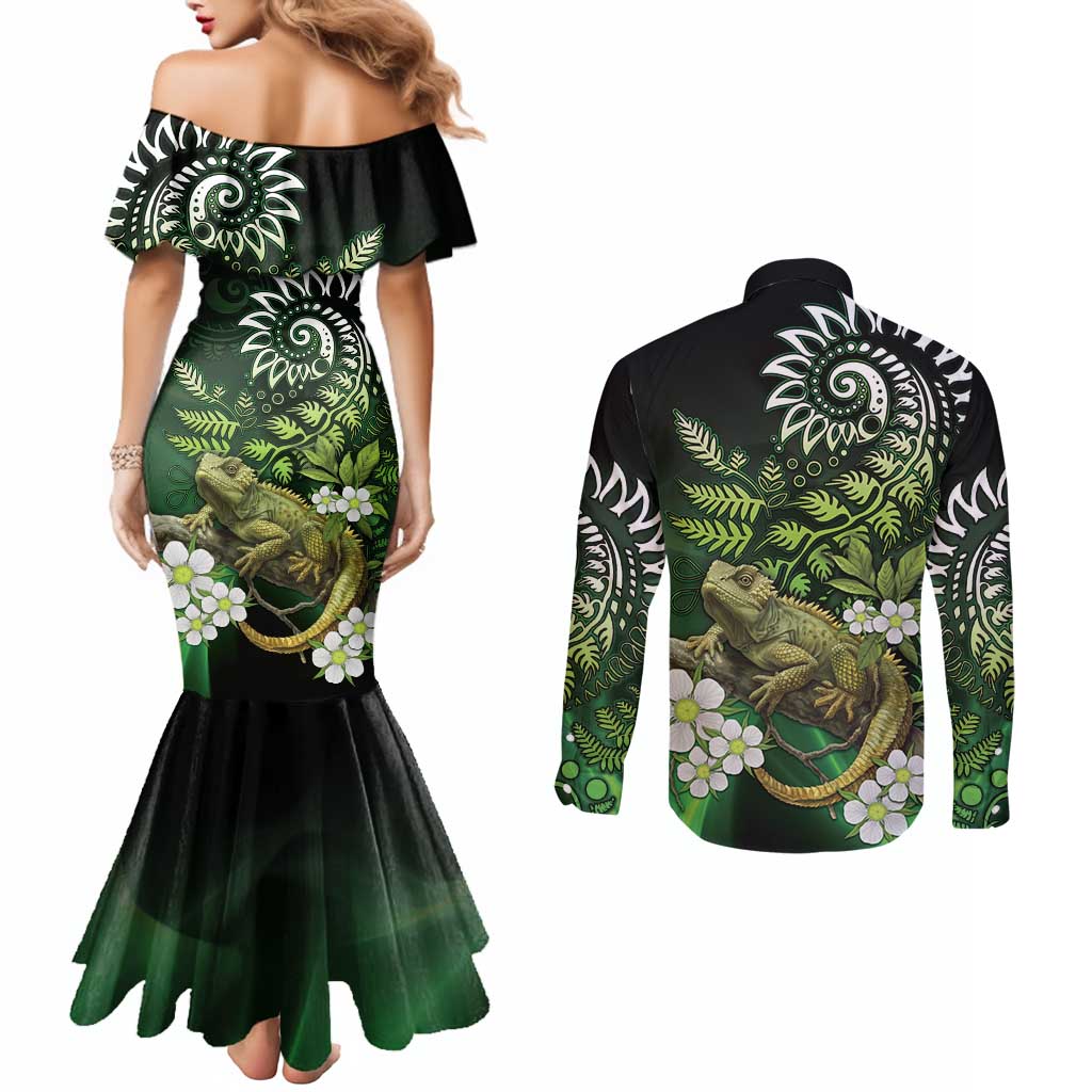 Aotearoa New Zealand Tuatara Couples Matching Mermaid Dress and Long Sleeve Button Shirt Maori Koru Art LT05 - Polynesian Pride