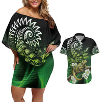 Aotearoa New Zealand Tuatara Couples Matching Off Shoulder Short Dress and Hawaiian Shirt Maori Koru Art LT05 Green - Polynesian Pride