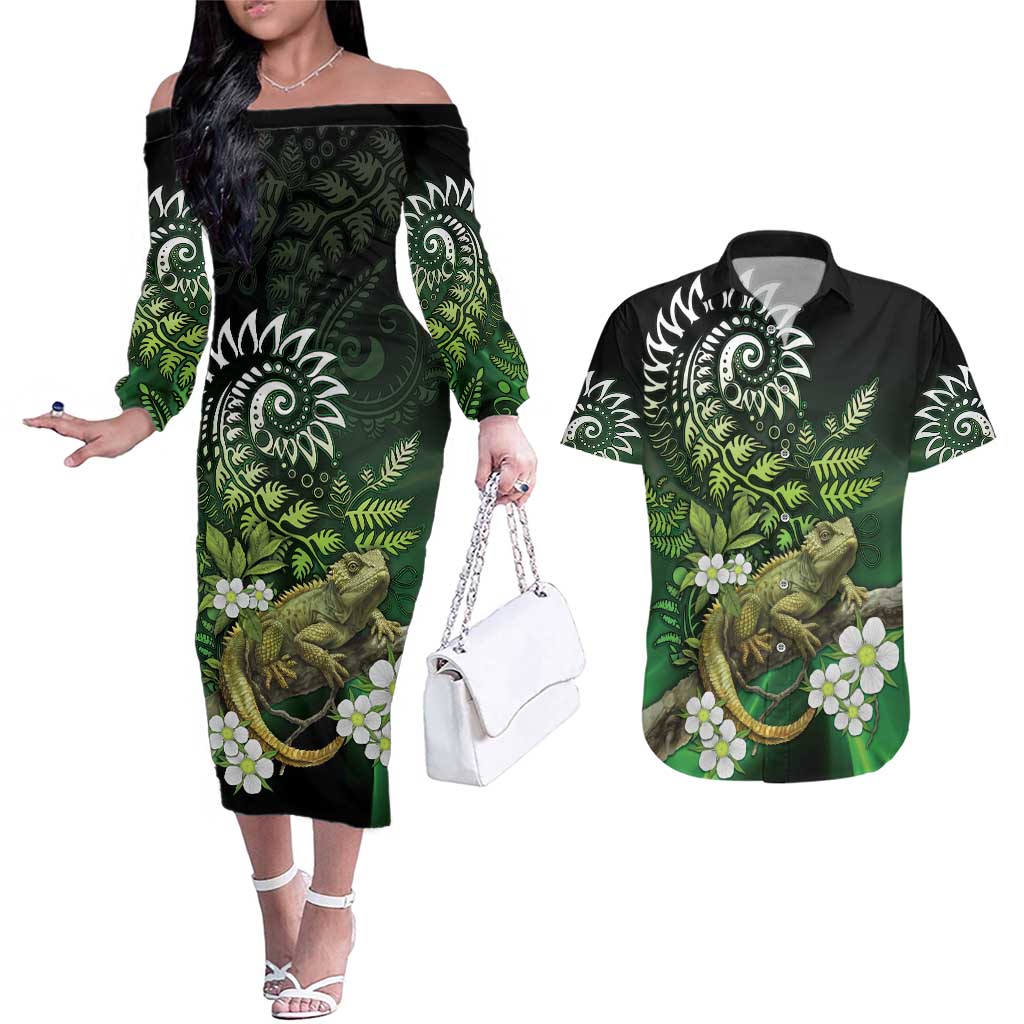 Aotearoa New Zealand Tuatara Couples Matching Off The Shoulder Long Sleeve Dress and Hawaiian Shirt Maori Koru Art LT05 Green - Polynesian Pride