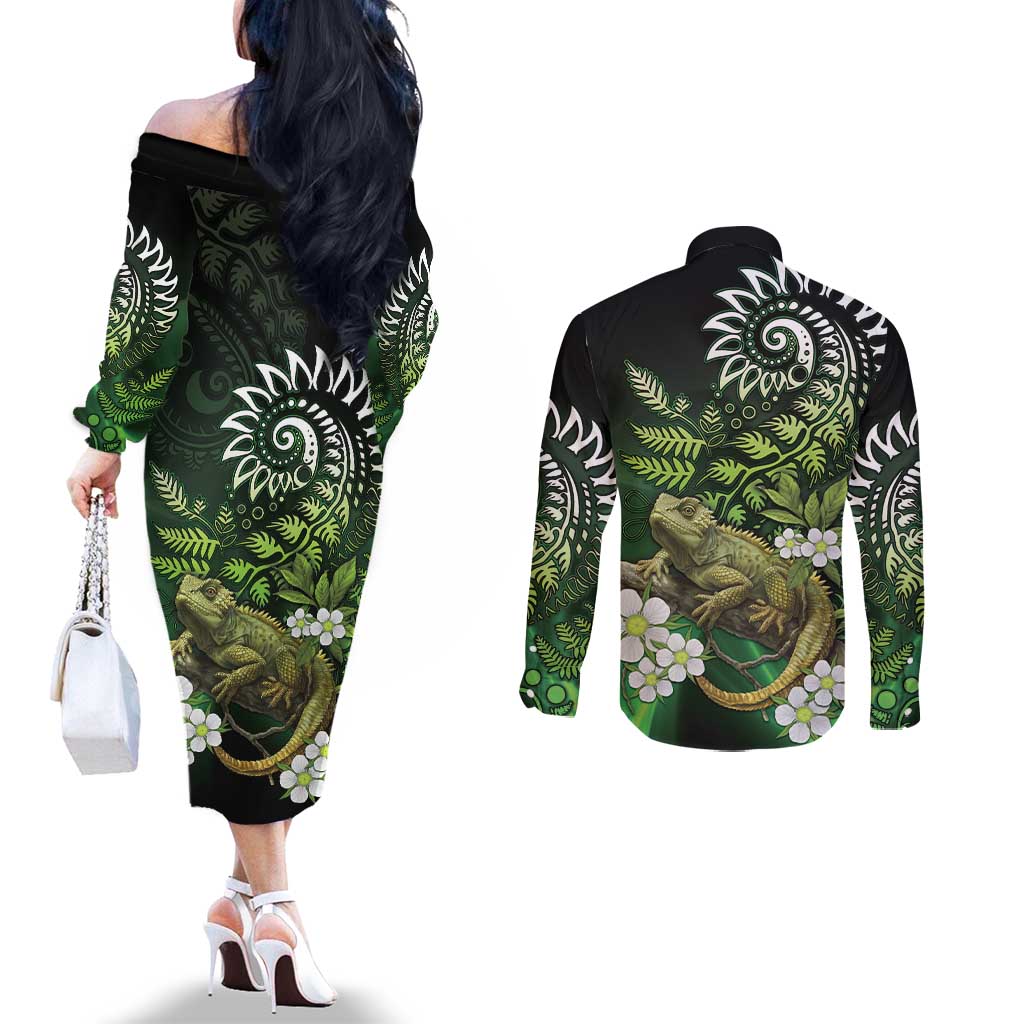 Aotearoa New Zealand Tuatara Couples Matching Off The Shoulder Long Sleeve Dress and Long Sleeve Button Shirt Maori Koru Art LT05 - Polynesian Pride