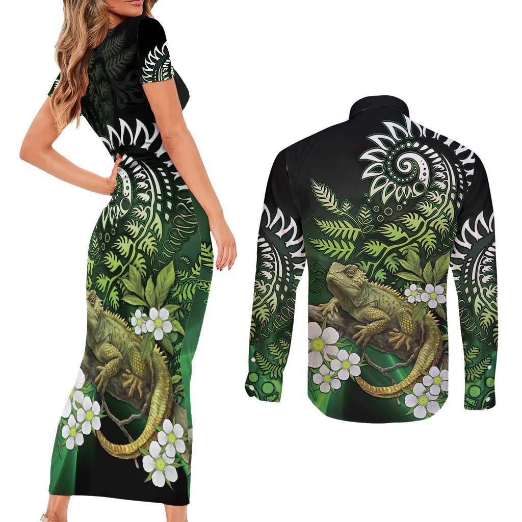 Aotearoa New Zealand Tuatara Couples Matching Short Sleeve Bodycon Dress and Long Sleeve Button Shirt Maori Koru Art LT05 - Polynesian Pride