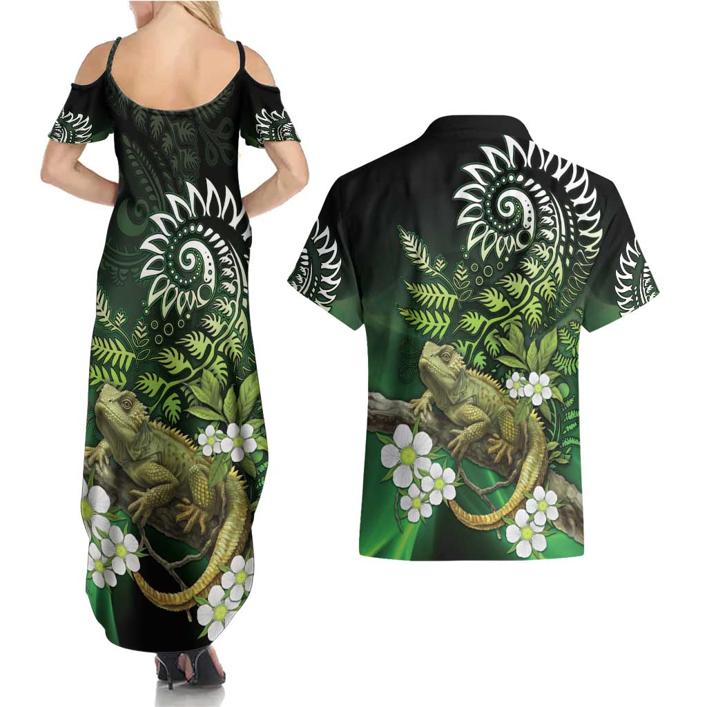 Aotearoa New Zealand Tuatara Couples Matching Summer Maxi Dress and Hawaiian Shirt Maori Koru Art LT05 - Polynesian Pride