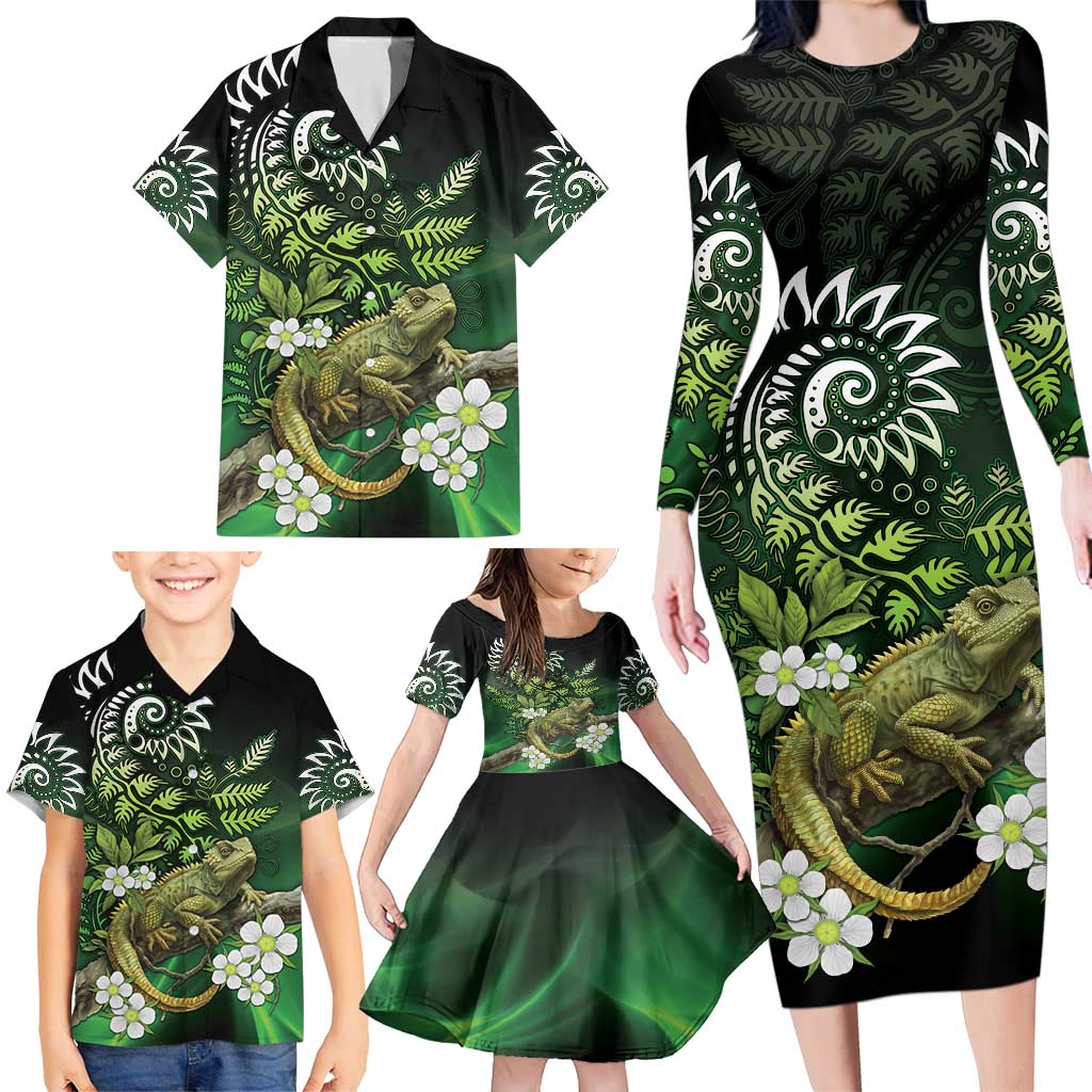 Aotearoa New Zealand Tuatara Family Matching Long Sleeve Bodycon Dress and Hawaiian Shirt Maori Koru Art LT05 - Polynesian Pride