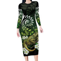 Aotearoa New Zealand Tuatara Family Matching Long Sleeve Bodycon Dress and Hawaiian Shirt Maori Koru Art LT05 Mom's Dress Green - Polynesian Pride