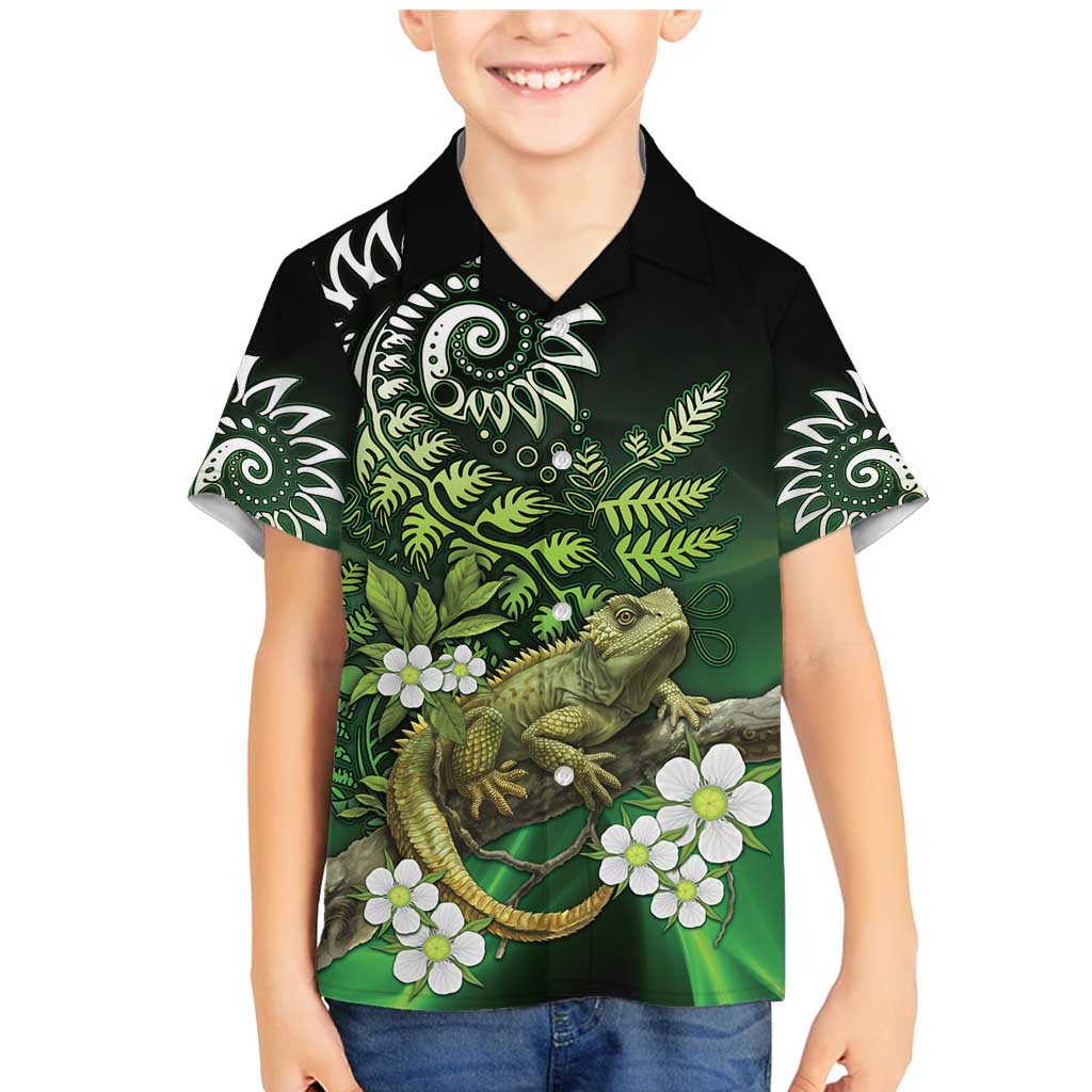 Aotearoa New Zealand Tuatara Family Matching Mermaid Dress and Hawaiian Shirt Maori Koru Art LT05 Son's Shirt Green - Polynesian Pride