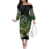 Aotearoa New Zealand Tuatara Family Matching Off The Shoulder Long Sleeve Dress and Hawaiian Shirt Maori Koru Art LT05 Mom's Dress Green - Polynesian Pride