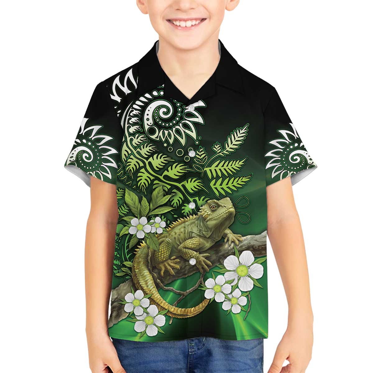 Aotearoa New Zealand Tuatara Family Matching Off The Shoulder Long Sleeve Dress and Hawaiian Shirt Maori Koru Art LT05 Son's Shirt Green - Polynesian Pride