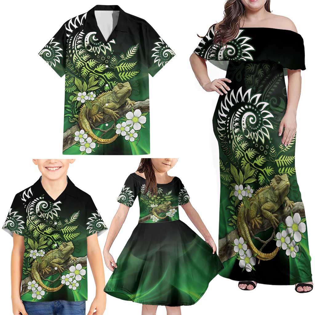 Aotearoa New Zealand Tuatara Family Matching Off Shoulder Maxi Dress and Hawaiian Shirt Maori Koru Art LT05 - Polynesian Pride