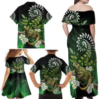 Aotearoa New Zealand Tuatara Family Matching Off Shoulder Maxi Dress and Hawaiian Shirt Maori Koru Art LT05 - Polynesian Pride