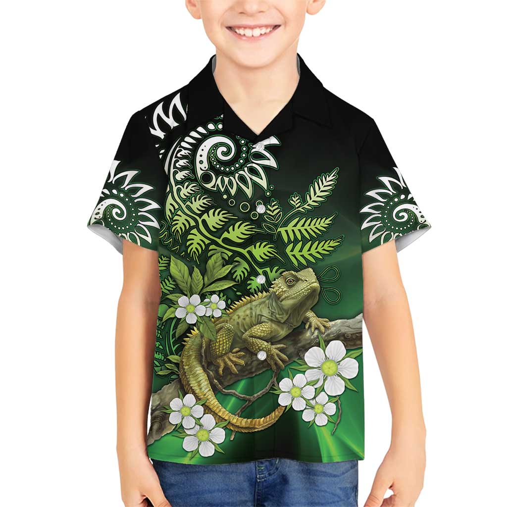 Aotearoa New Zealand Tuatara Family Matching Off Shoulder Maxi Dress and Hawaiian Shirt Maori Koru Art LT05 Son's Shirt Green - Polynesian Pride