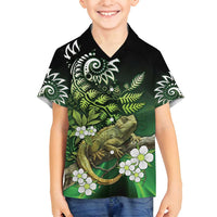 Aotearoa New Zealand Tuatara Family Matching Off Shoulder Maxi Dress and Hawaiian Shirt Maori Koru Art LT05 Son's Shirt Green - Polynesian Pride