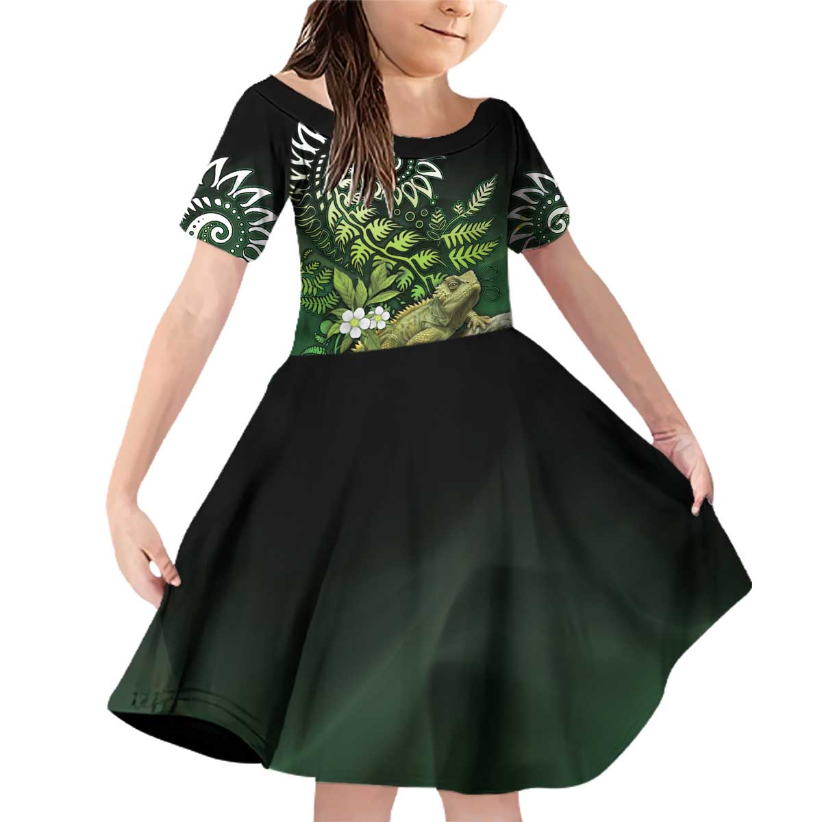 Aotearoa New Zealand Tuatara Family Matching Off Shoulder Short Dress and Hawaiian Shirt Maori Koru Art LT05 Daughter's Dress Green - Polynesian Pride