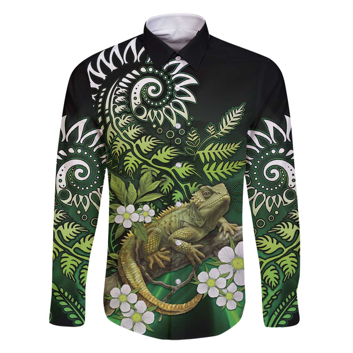 Aotearoa New Zealand Tuatara Family Matching Off Shoulder Short Dress and Hawaiian Shirt Maori Koru Art LT05 Dad's Shirt - Long Sleeve Green - Polynesian Pride
