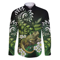 Aotearoa New Zealand Tuatara Family Matching Off Shoulder Short Dress and Hawaiian Shirt Maori Koru Art LT05 Dad's Shirt - Long Sleeve Green - Polynesian Pride
