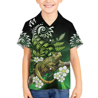 Aotearoa New Zealand Tuatara Family Matching Off Shoulder Short Dress and Hawaiian Shirt Maori Koru Art LT05 Son's Shirt Green - Polynesian Pride