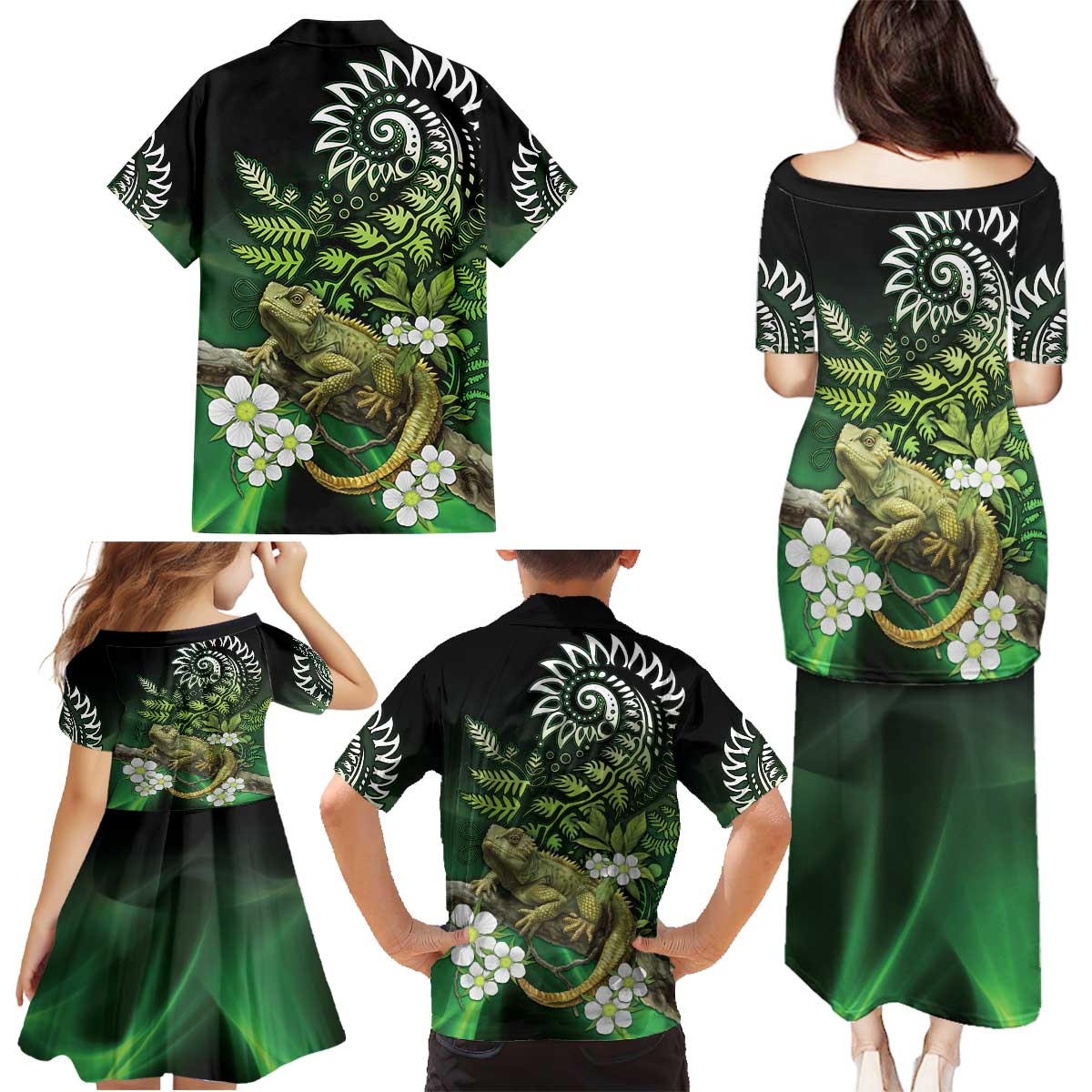 Aotearoa New Zealand Tuatara Family Matching Puletasi and Hawaiian Shirt Maori Koru Art LT05 - Polynesian Pride