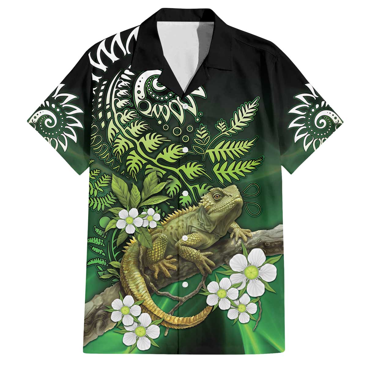 Aotearoa New Zealand Tuatara Family Matching Puletasi and Hawaiian Shirt Maori Koru Art LT05 Dad's Shirt - Short Sleeve Green - Polynesian Pride