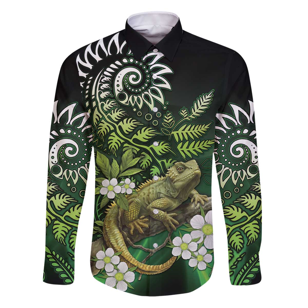 Aotearoa New Zealand Tuatara Family Matching Puletasi and Hawaiian Shirt Maori Koru Art LT05 Dad's Shirt - Long Sleeve Green - Polynesian Pride
