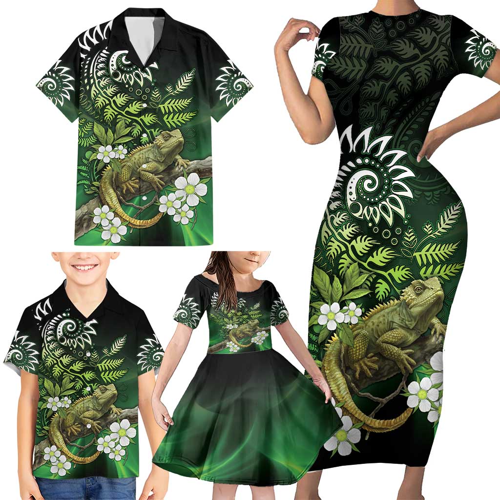 Aotearoa New Zealand Tuatara Family Matching Short Sleeve Bodycon Dress and Hawaiian Shirt Maori Koru Art LT05 - Polynesian Pride