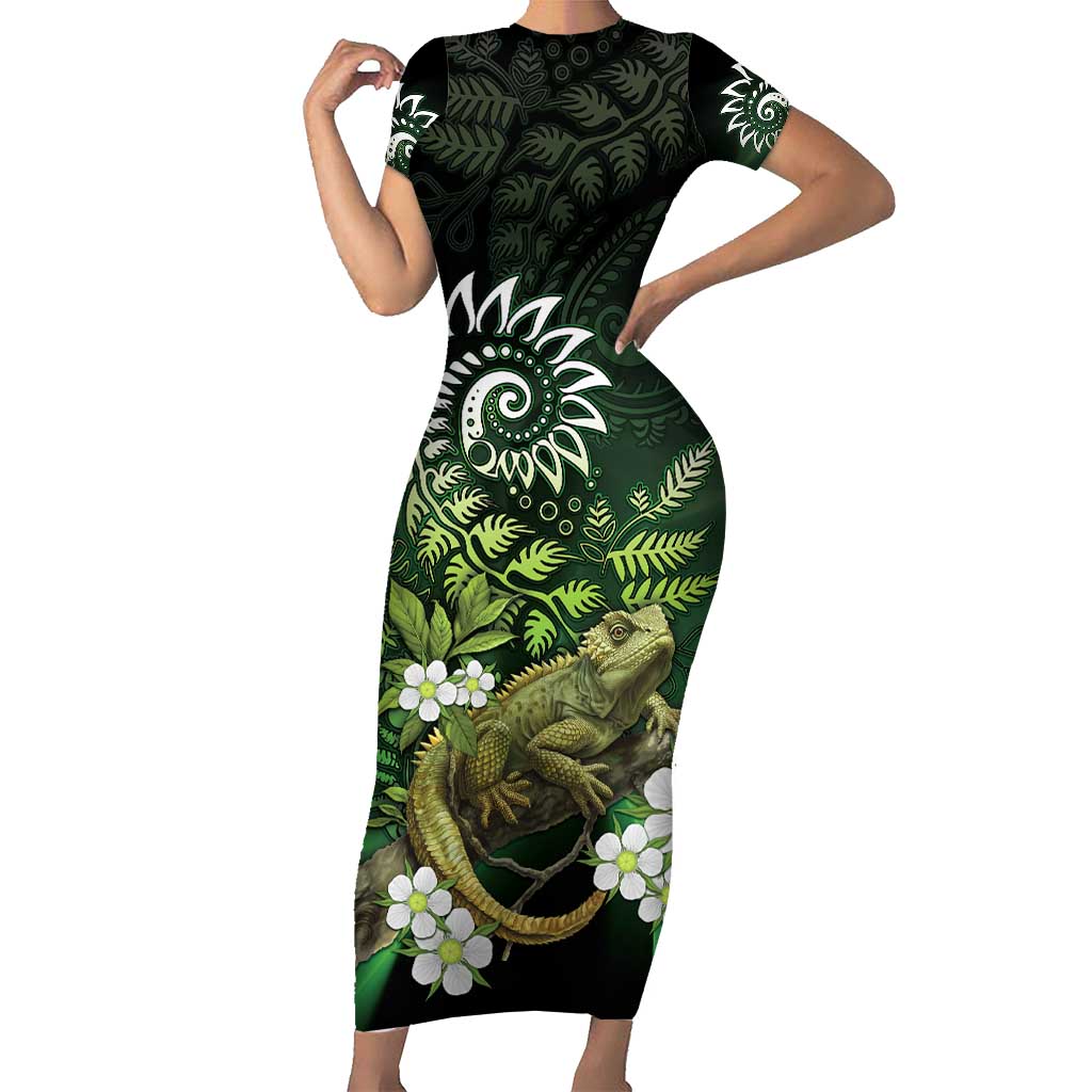 Aotearoa New Zealand Tuatara Family Matching Short Sleeve Bodycon Dress and Hawaiian Shirt Maori Koru Art LT05 Mom's Dress Green - Polynesian Pride