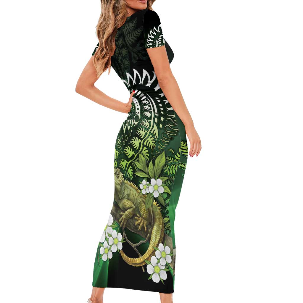 Aotearoa New Zealand Tuatara Family Matching Short Sleeve Bodycon Dress and Hawaiian Shirt Maori Koru Art LT05 - Polynesian Pride