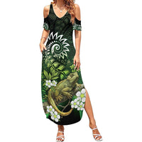 Aotearoa New Zealand Tuatara Family Matching Summer Maxi Dress and Hawaiian Shirt Maori Koru Art LT05 Mom's Dress Green - Polynesian Pride