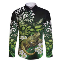 Aotearoa New Zealand Tuatara Family Matching Tank Maxi Dress and Hawaiian Shirt Maori Koru Art LT05 Dad's Shirt - Long Sleeve Green - Polynesian Pride