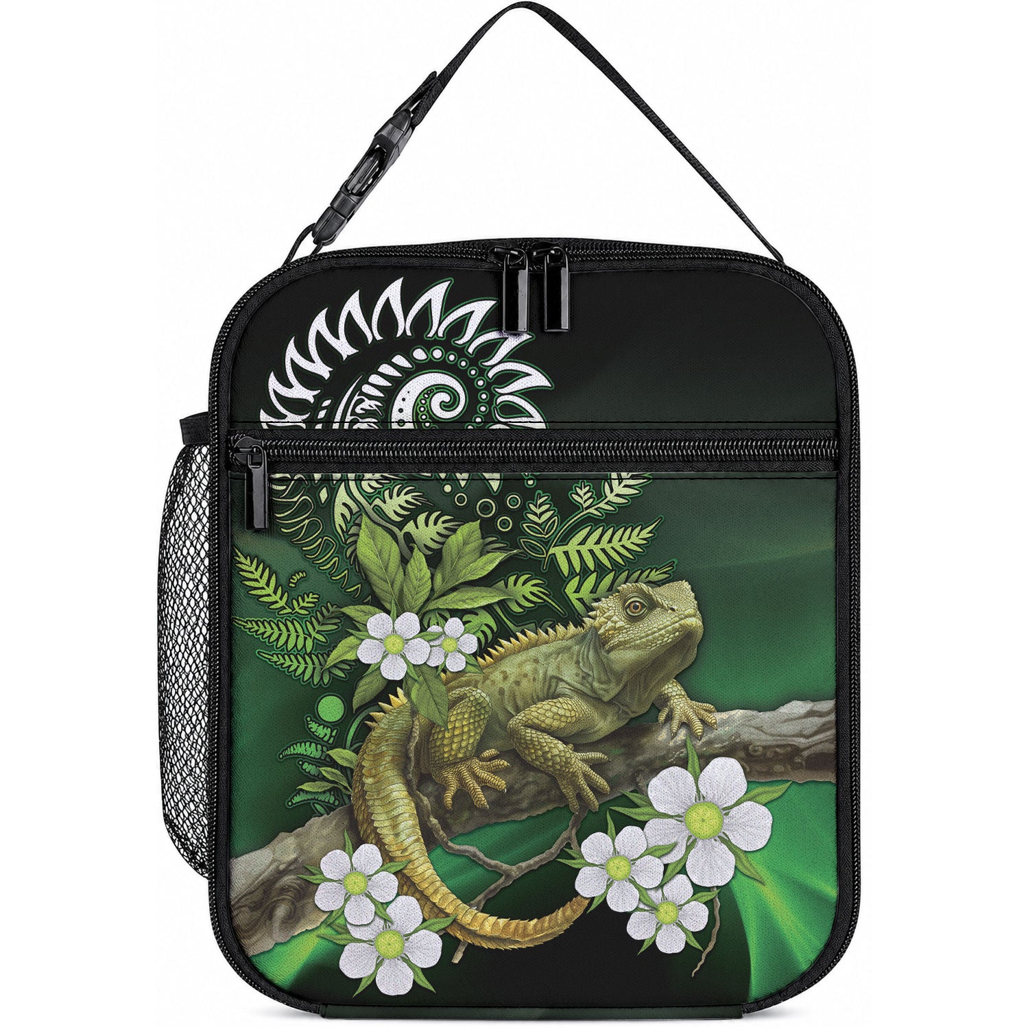 Aotearoa New Zealand Tuatara Lunch Bag Maori Koru Art LT05 10.2 × 8.3 × 4.3 inch Green - Polynesian Pride