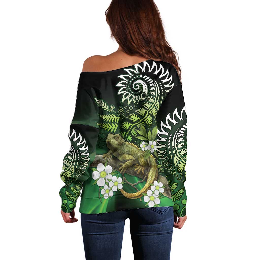 Aotearoa New Zealand Tuatara Off Shoulder Sweater Maori Koru Art LT05 - Polynesian Pride