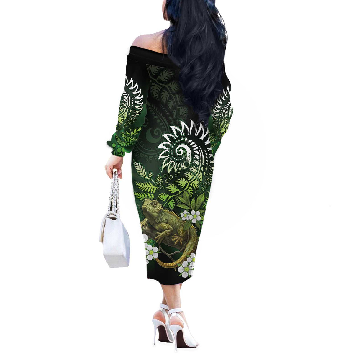 Aotearoa New Zealand Tuatara Off The Shoulder Long Sleeve Dress Maori Koru Art LT05 - Polynesian Pride