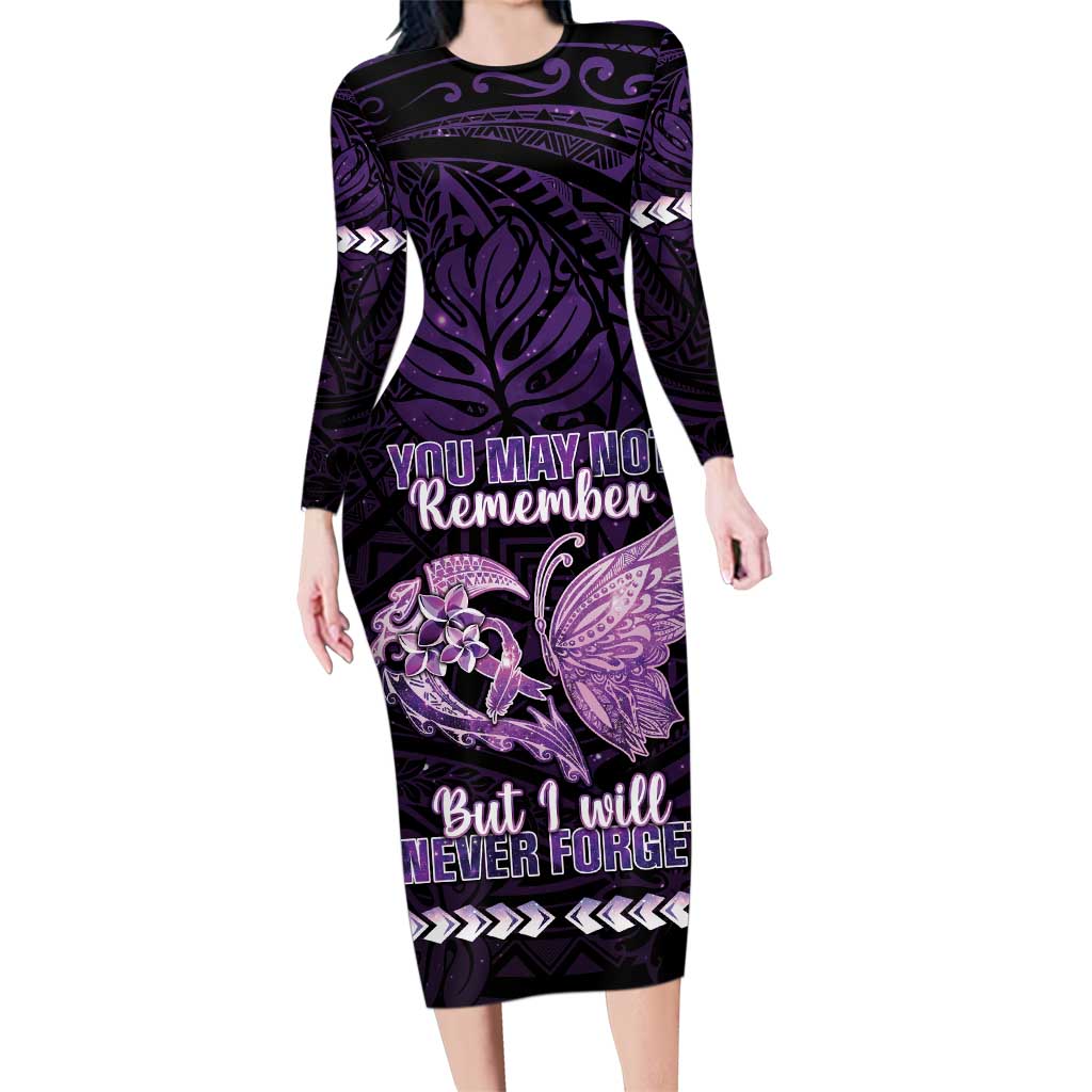 Personalised Alzheimer's Awareness Family Matching Long Sleeve Bodycon Dress and Hawaiian Shirt You May Not Remember But I Will Never Forget LT05 Mom's Dress Purple - Polynesian Pride