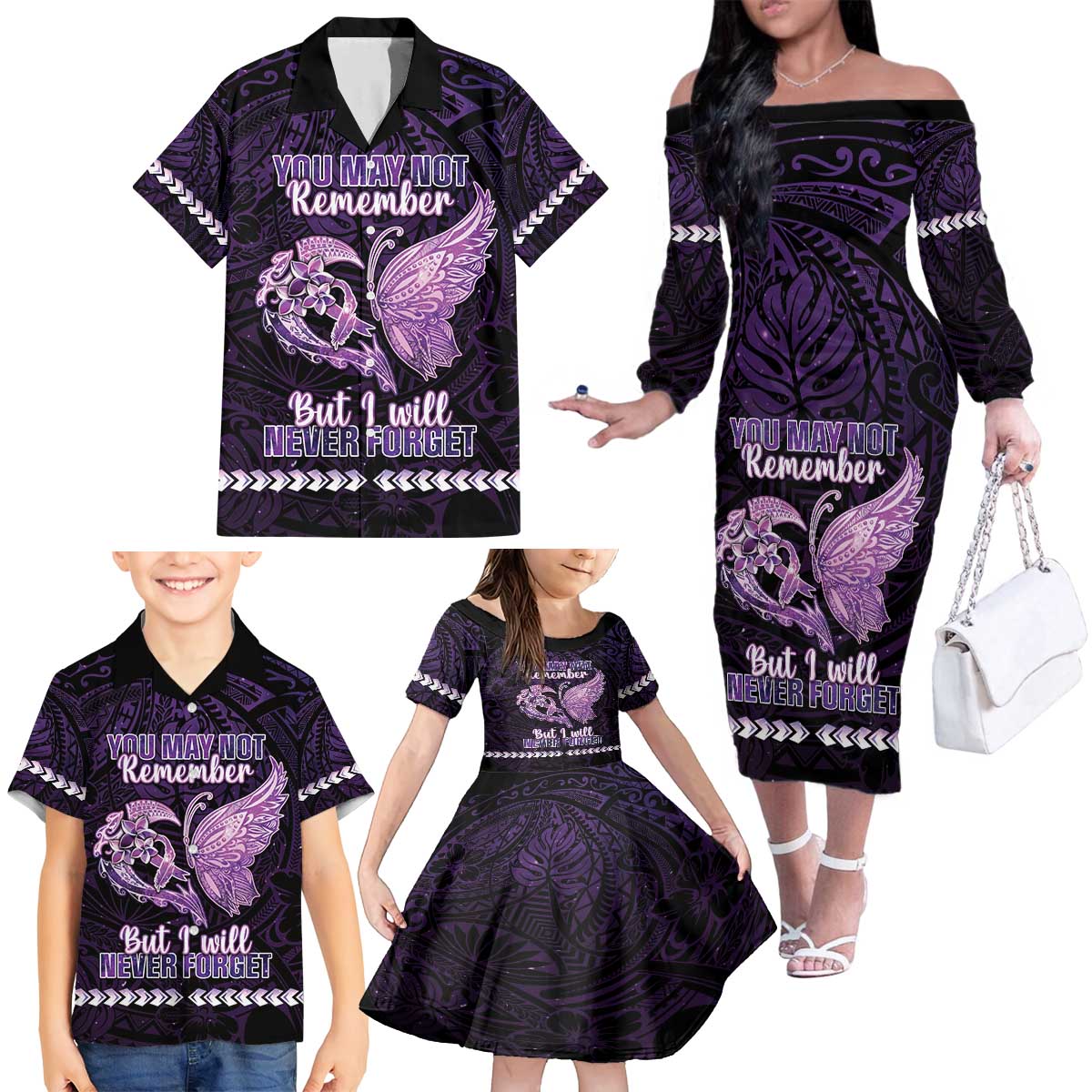 Personalised Alzheimer's Awareness Family Matching Off The Shoulder Long Sleeve Dress and Hawaiian Shirt You May Not Remember But I Will Never Forget LT05 - Polynesian Pride